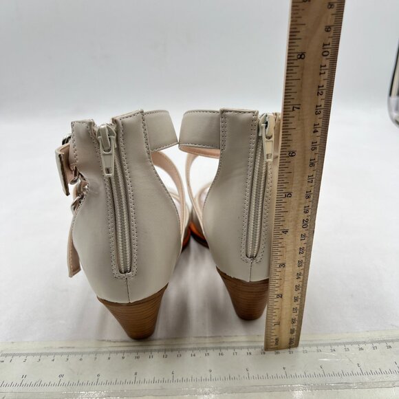 FSJ Beige Pointed Toe Metal Buckle Hollow Out Leather Strappy Wedge Heel Sandal - Picture 5 of 8